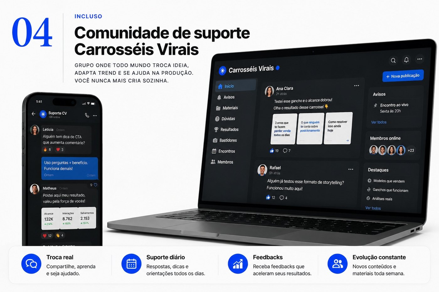 Incluso, Comunidade de suporte Carrosseis Virais: grupo com troca real, suporte diario, feedbacks e conteudo novo toda semana